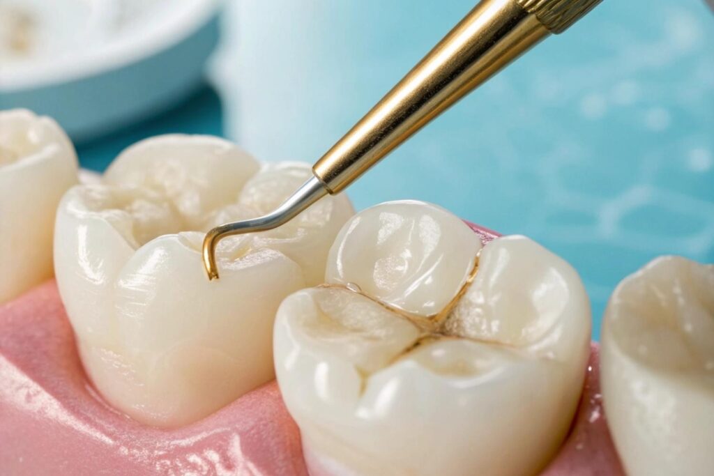 Kompozit dolgu uygulama aşamalarını gösteren bilgilendirici diş tedavisi görseli.