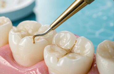 Kompozit dolgu uygulama aşamalarını gösteren bilgilendirici diş tedavisi görseli.