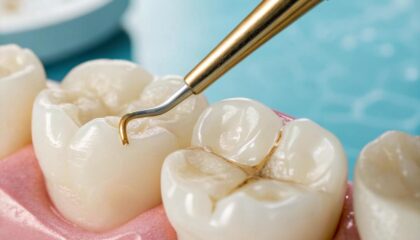 Kompozit dolgu uygulama aşamalarını gösteren bilgilendirici diş tedavisi görseli.